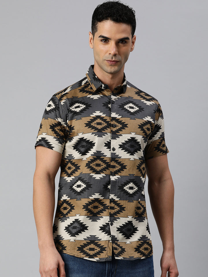 Classic pure cotton printed half shirt - Brown