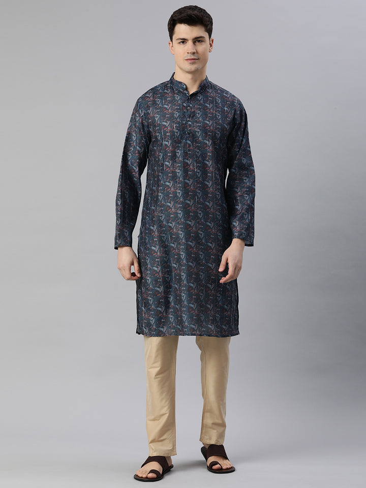 Threaded Elegance Printed Long Kurta-Dark Blue