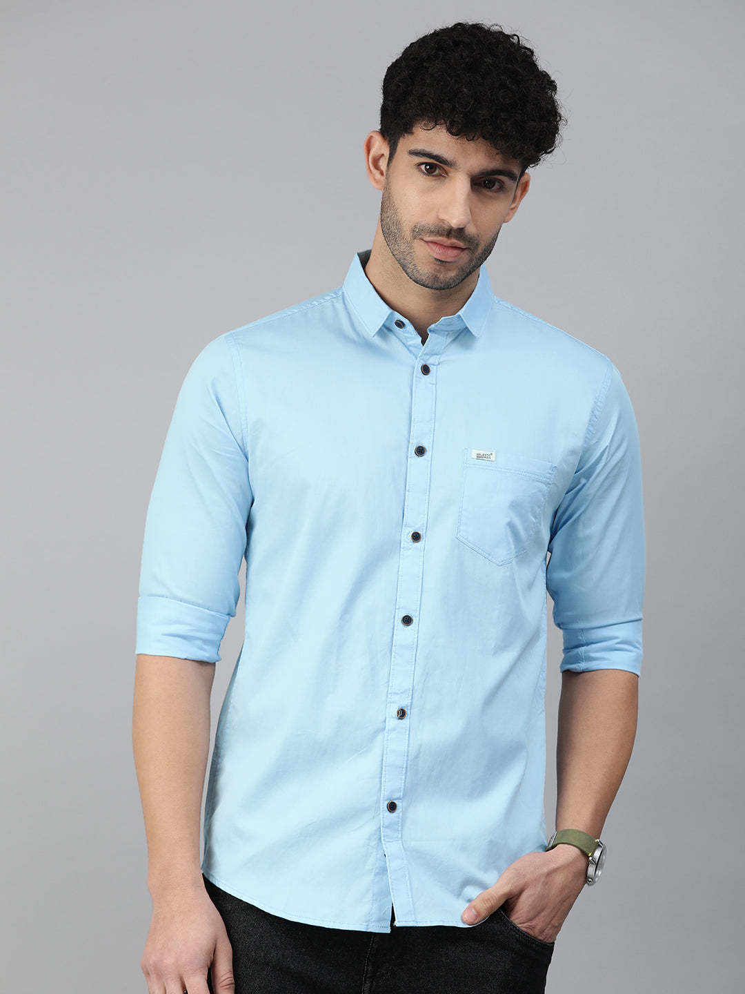 Majestic Man Comfort Slim Fit Solid Cotton Casual Shirt Sky Blue