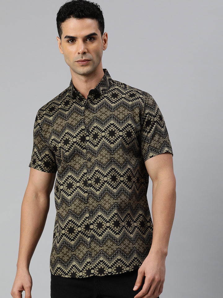 Pure cotton printed half shirt - Olive