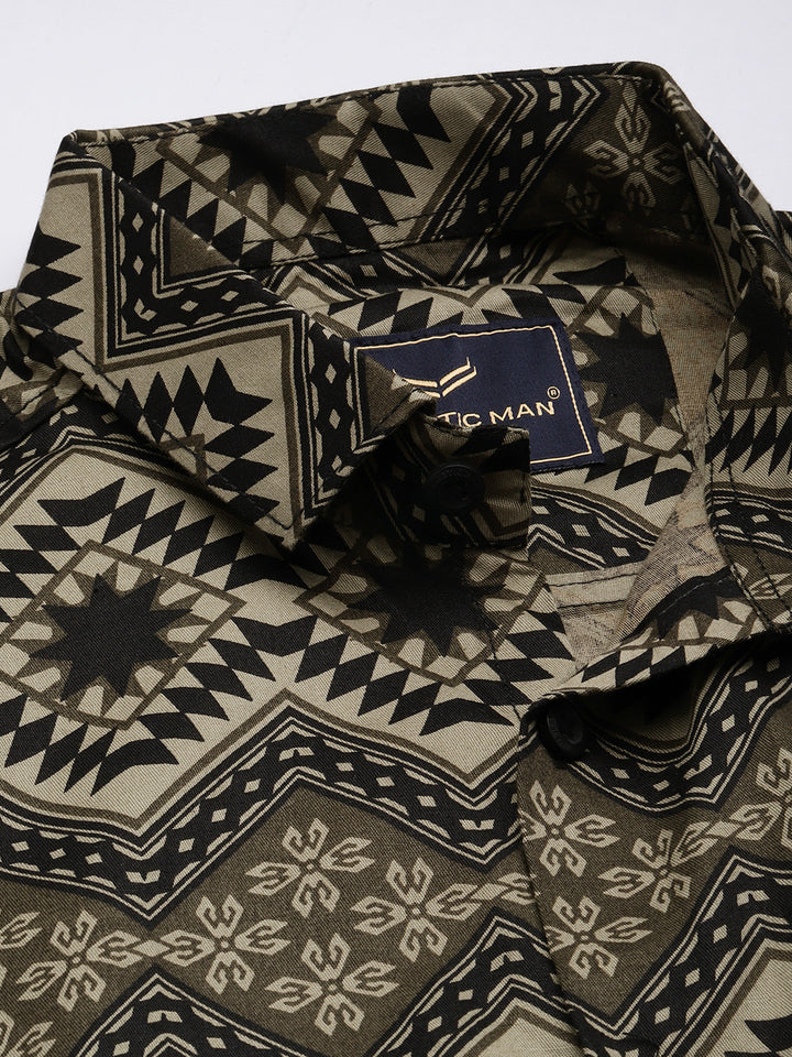 Pure cotton printed half shirt - Olive