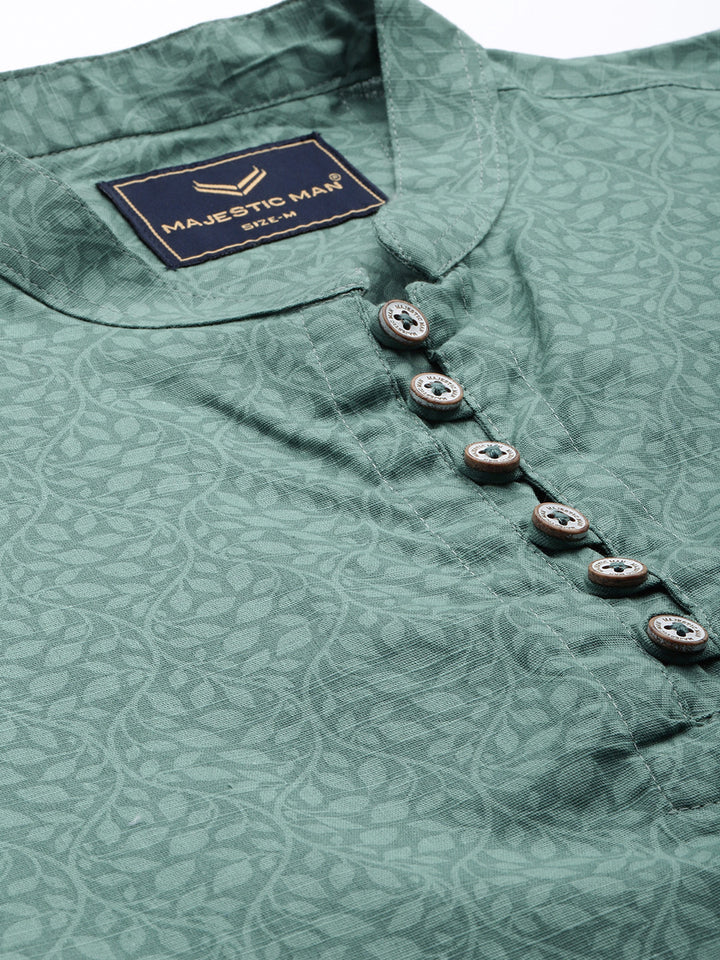 Majestic Man Printed Short Kurta - Green
