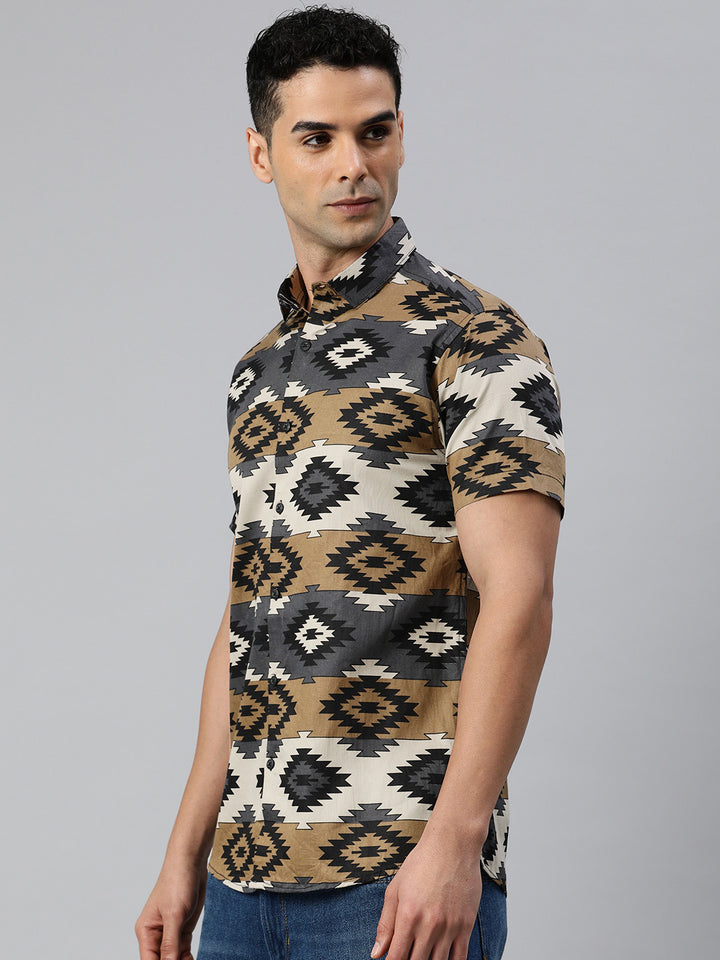Classic pure cotton printed half shirt - Brown