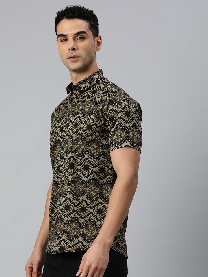 Pure cotton printed half shirt - Olive
