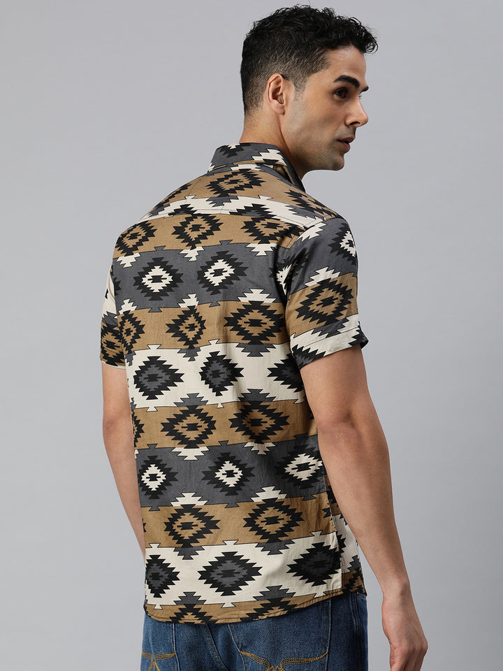 Classic pure cotton printed half shirt - Brown