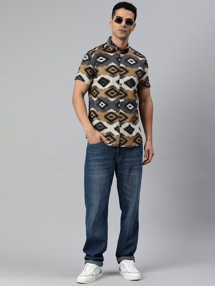 Classic pure cotton printed half shirt - Brown