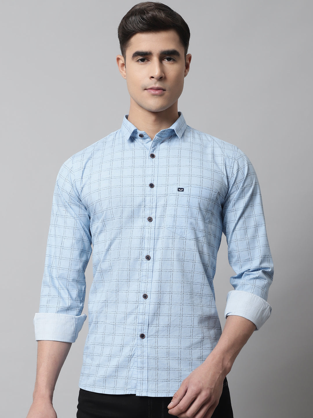 Classy Pure Cotton Checkered Shirt - Light Blue