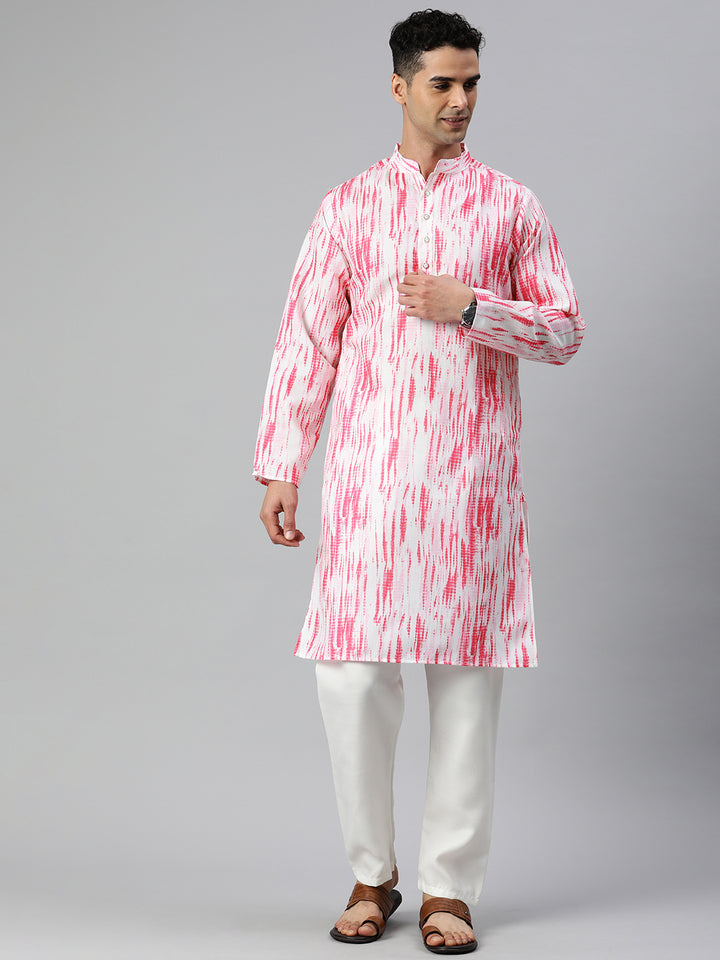 Fusion Fiesta men's long printed kurta - White Pink