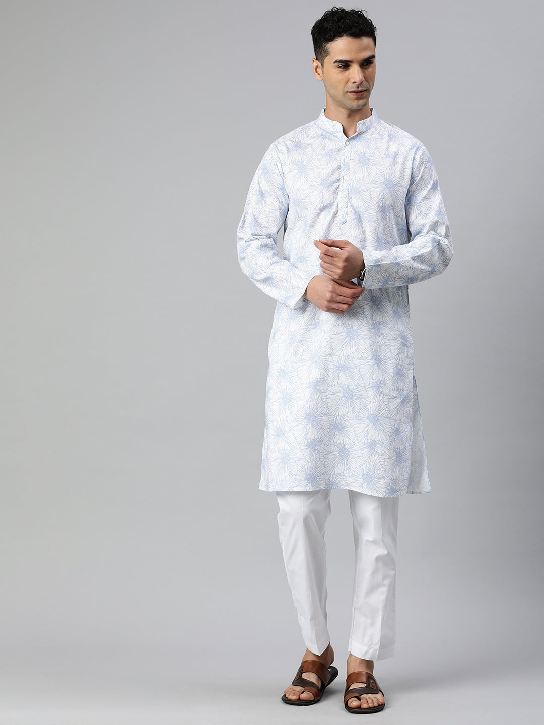 Moon flower printed pure cotton men's long kurta - White