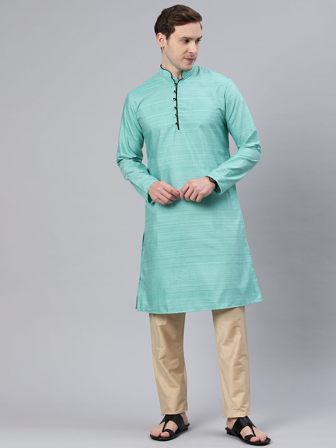 Majestic Man Regular Woven Design Fancy Long Kurta - Rama