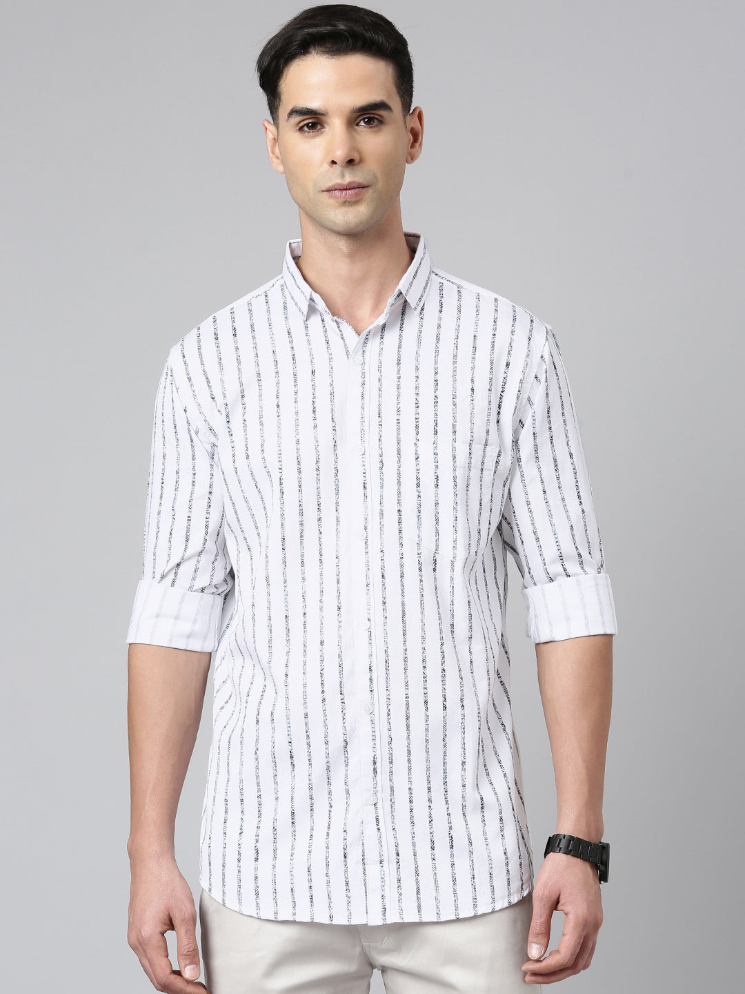 Majestic Man Casual Comfortable Slim Fit Stripped Cotton Shirt - White