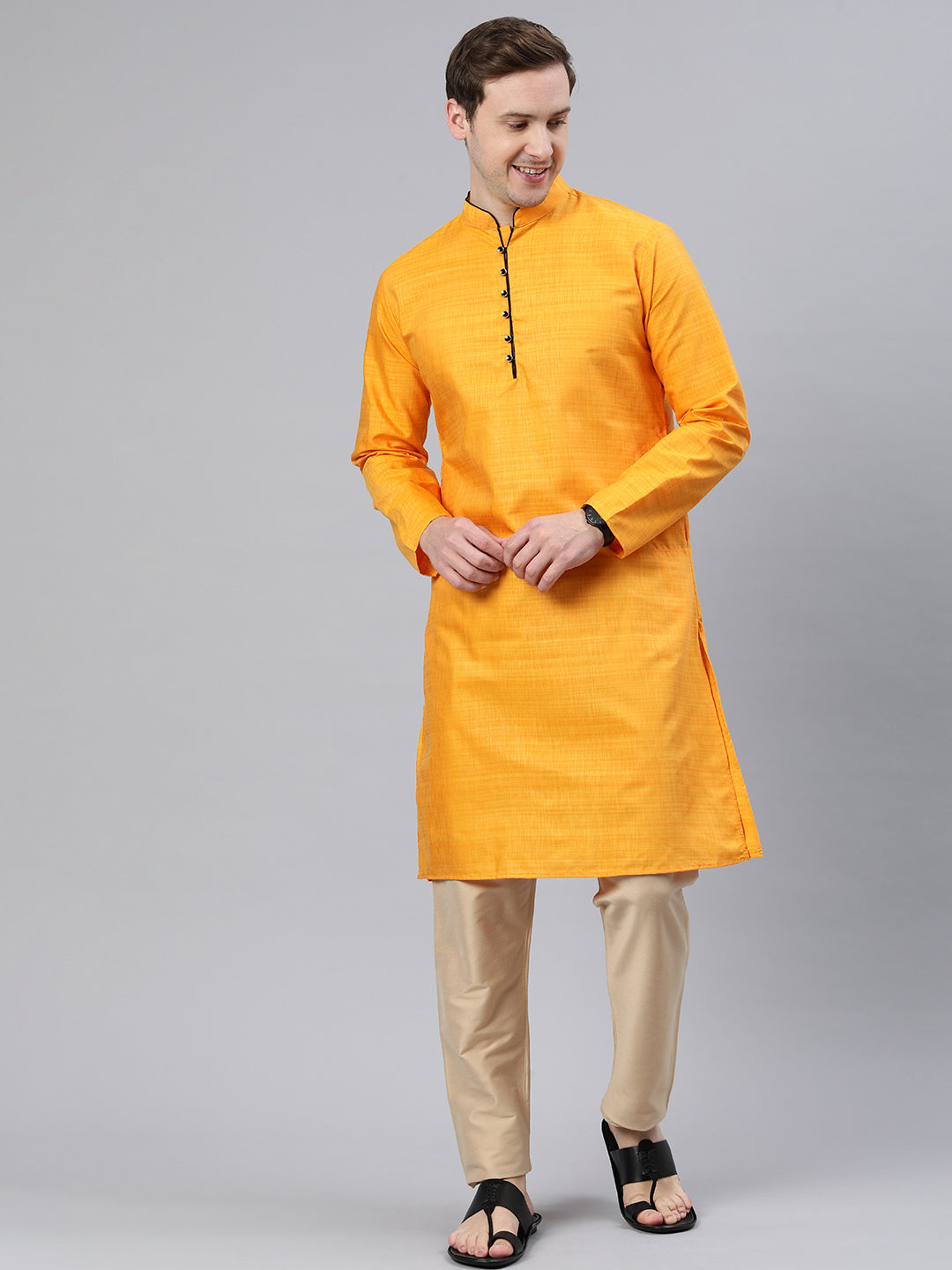 Majestic Man Regular Woven Design Fancy Long Kurta - Mustard