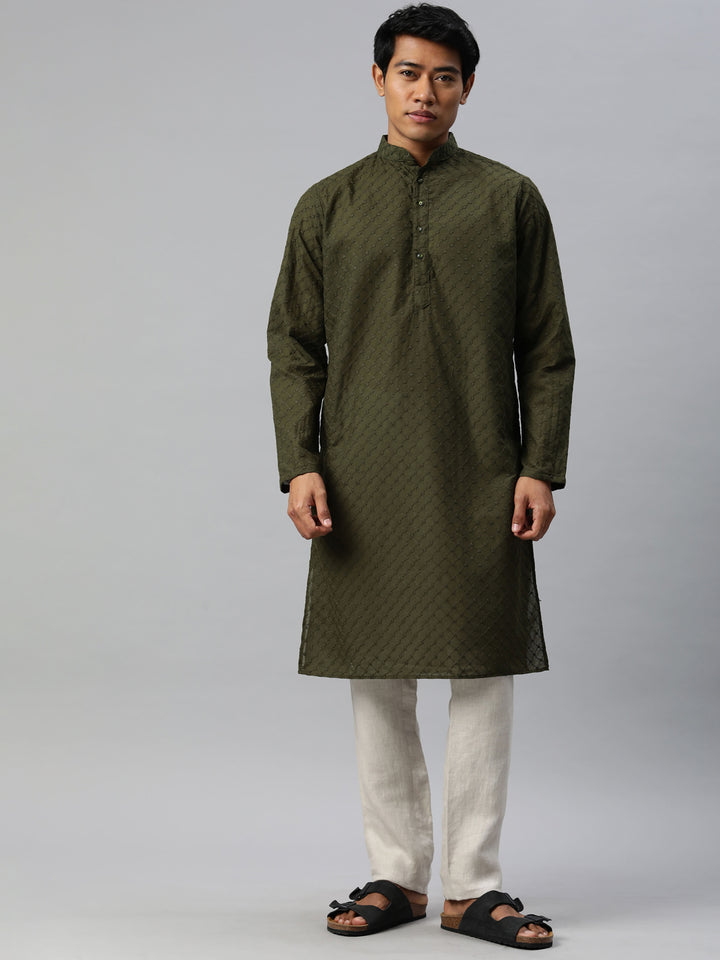 Majestic Man Ethnic Motifs Embroidered Long Kurta - Dark Green