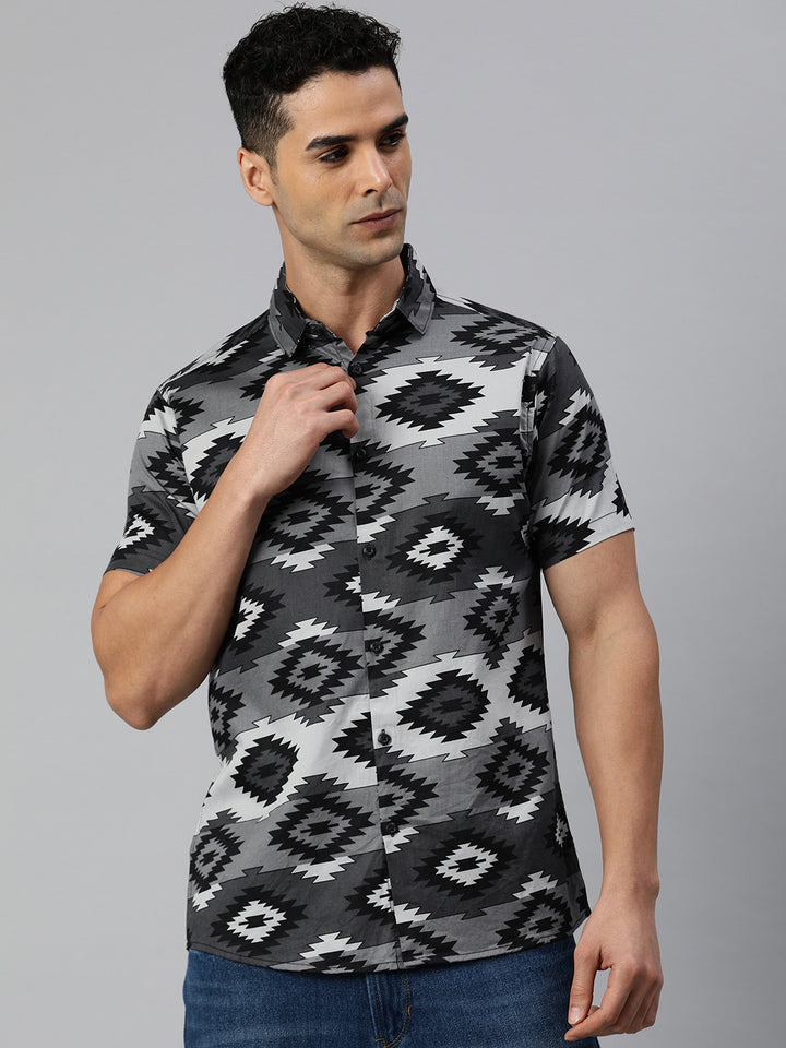 Classic pure cotton printed half shirt - Grey