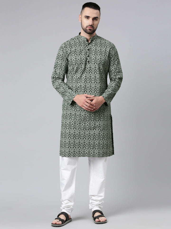 Men's Ethnic Artisanal Impressions Printed Cotton Kurta - Dark Green