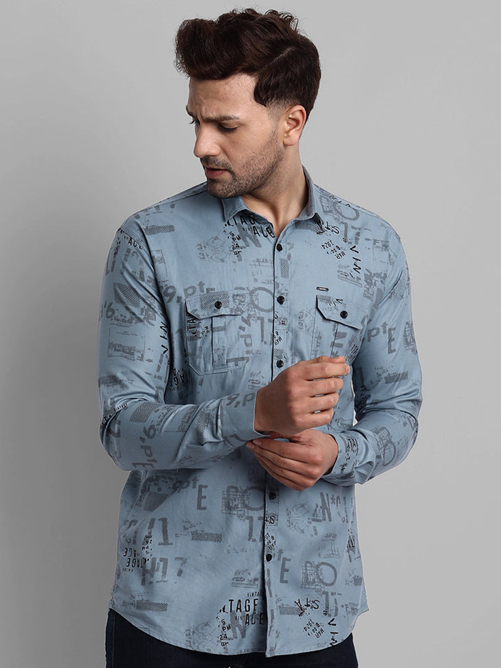 Printed Pure Cotton Cargo Shirt - Greyish Blue