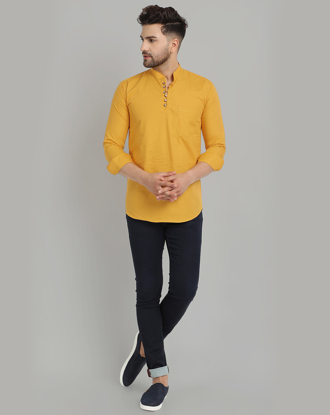 Classic Elegance pure cotton solid Short kurta - Mustard