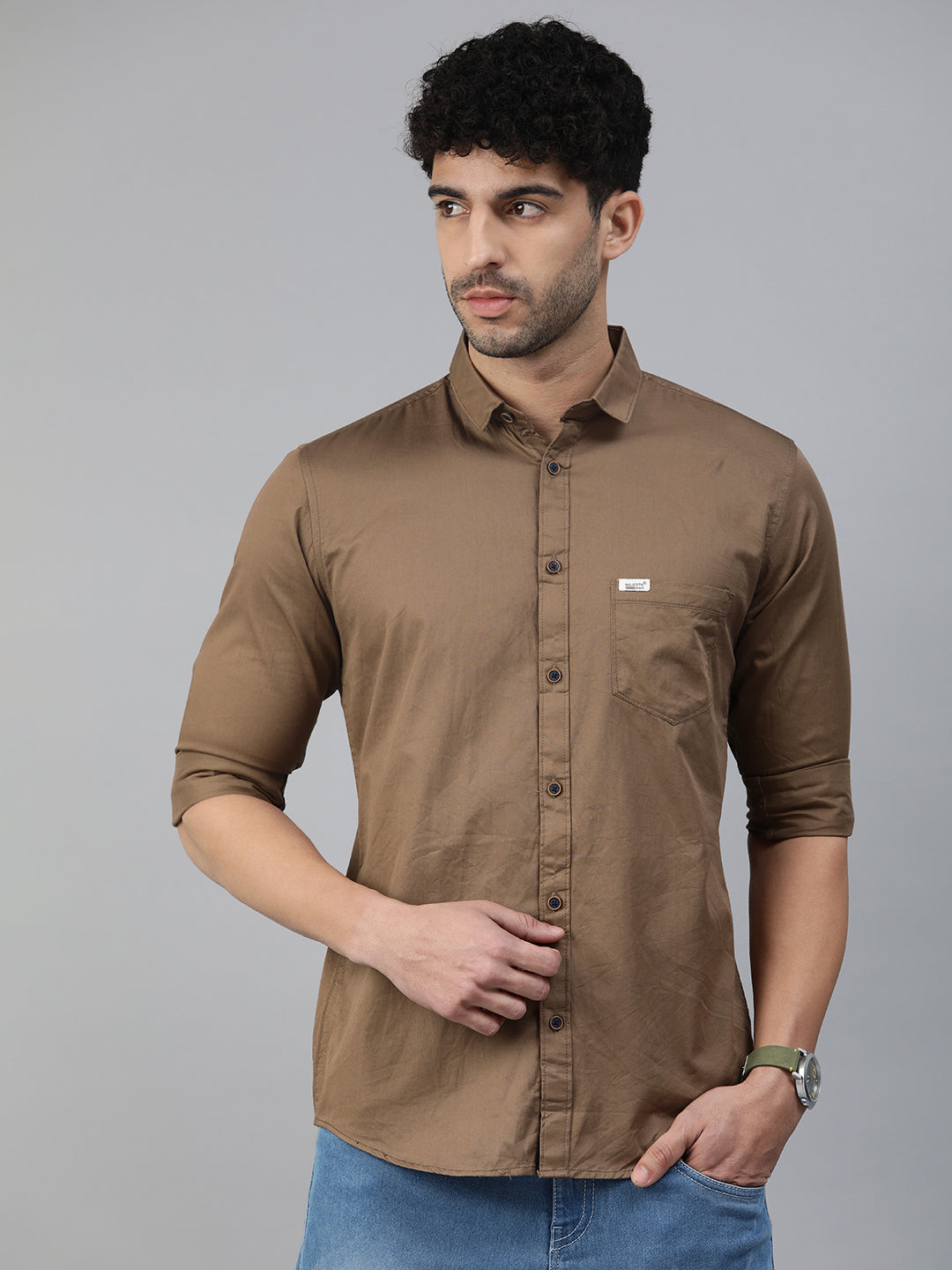 Majestic Man Comfort Slim Fit Solid Cotton Casual Shirt - Brown