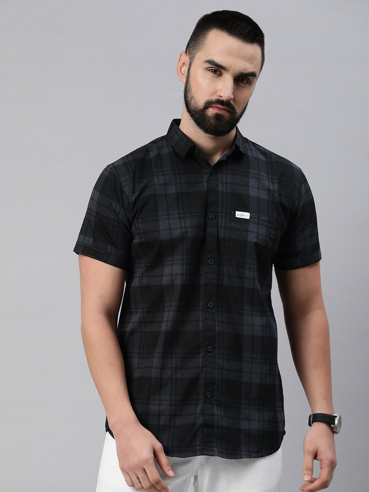 Majestic Man Cotton Casual Checkered Half Sleeve Shirt - Dark Grey