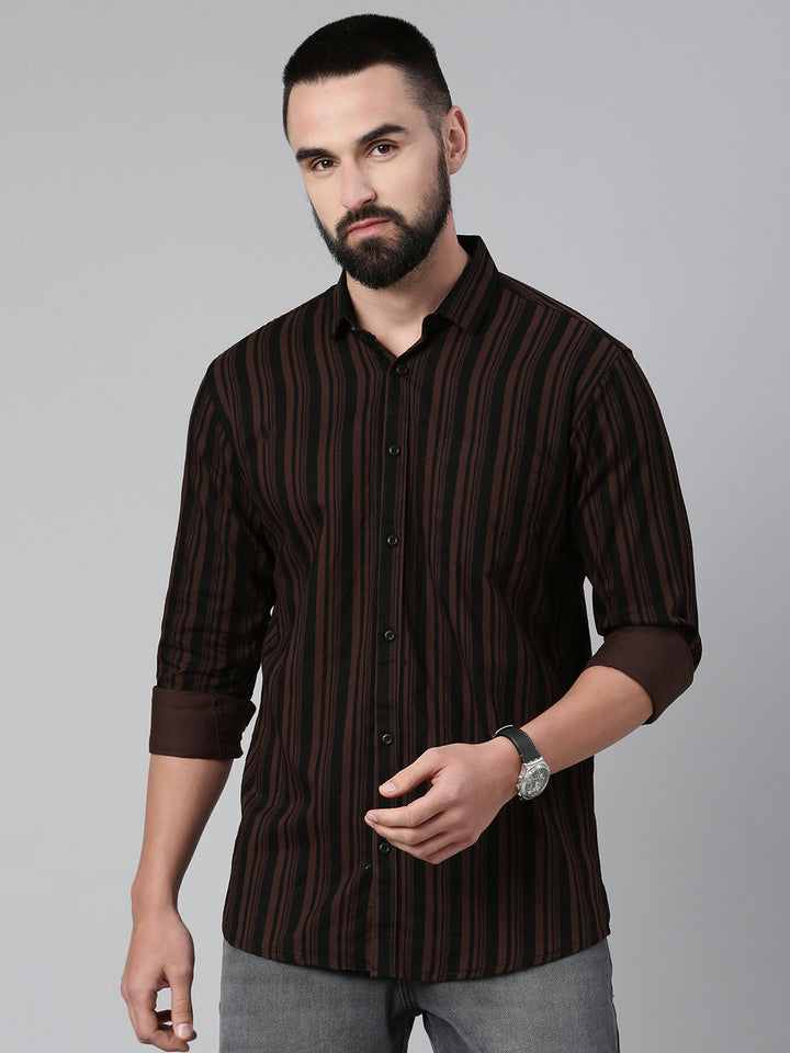 Men's Pure Cotton Slim Fit Striped Shirt - Brown