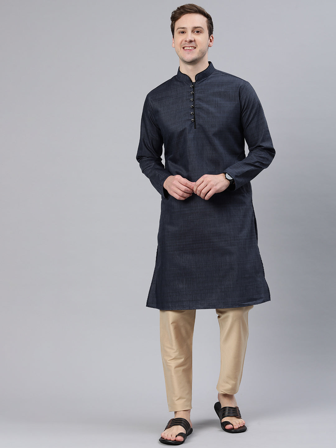 Majestic Man Regular Woven Design Fancy Long Kurta - Navy