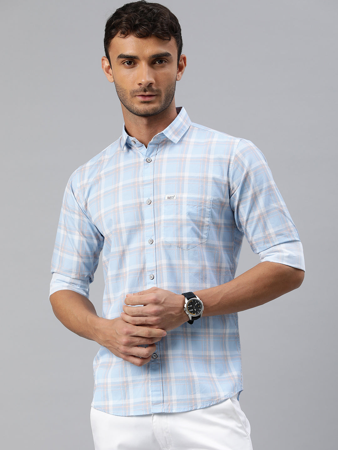 Majestic Man Checkered Slim fit Cotton Casual Shirt - Light Blue