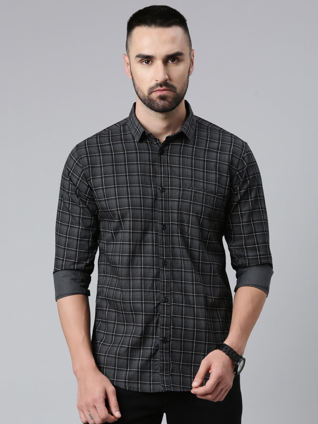 Majestic Man Checkered Cotton Slim fit Casual Shirt - Grey