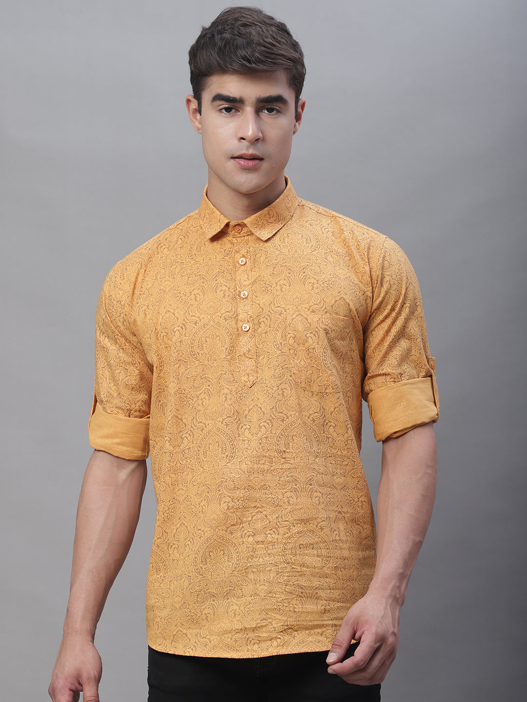 Versatile pattern printed pure cotton short kurta - Orange