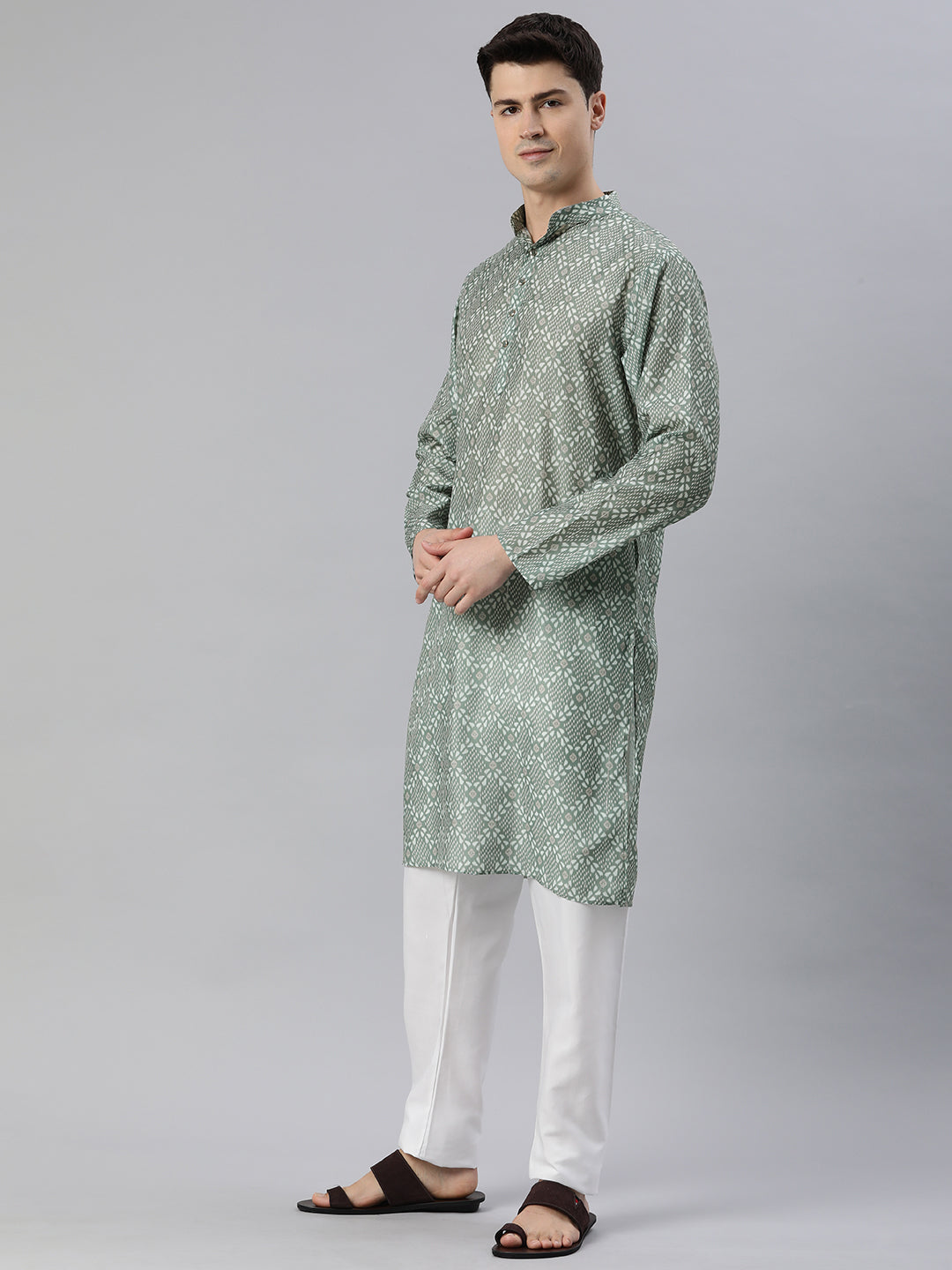 Threaded Elegance Printed Long Kurta-Green