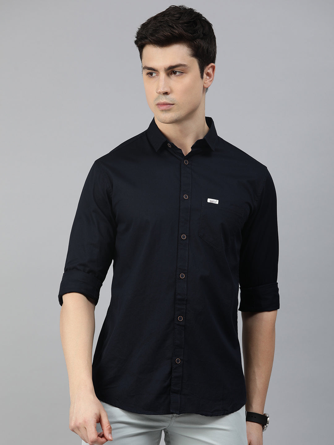Majestic Man Comfort Slim Fit Solid Cotton Casual Shirt - Navy Blue