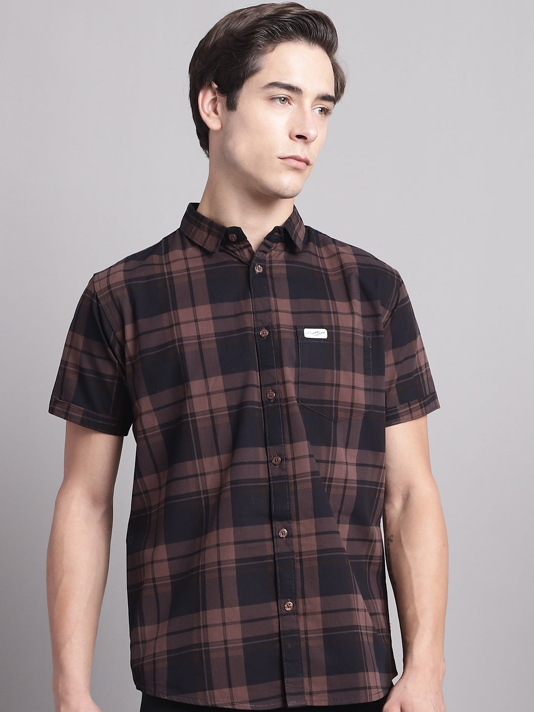 Majestic Man Cotton Casual Checkered Half Sleeve Shirt - Coffee