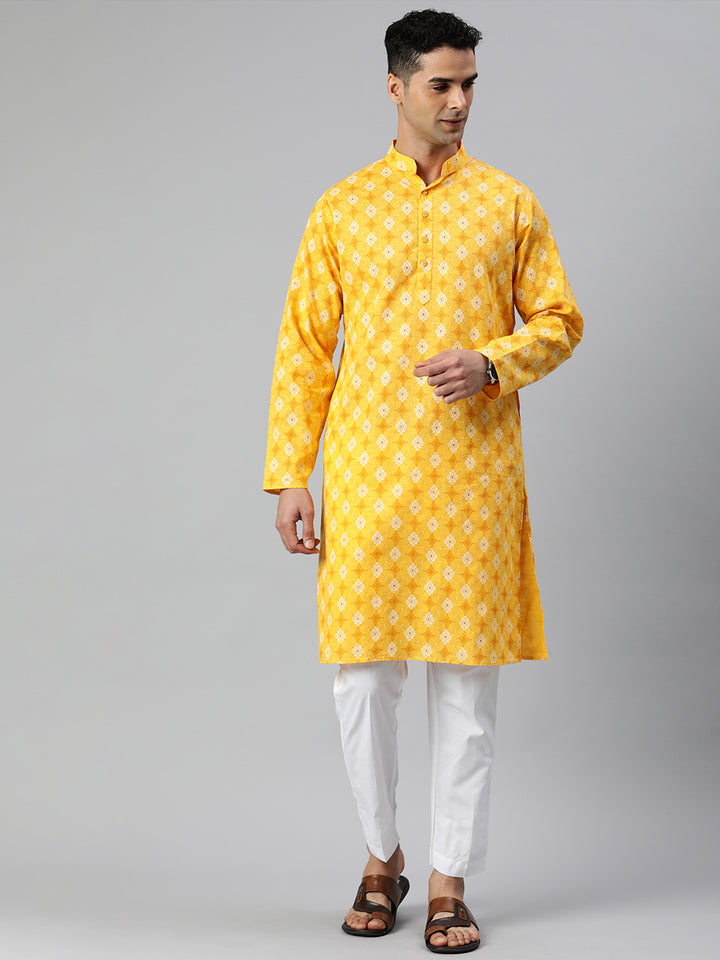 Pure cotton Printed  men's long kurta - Yellow