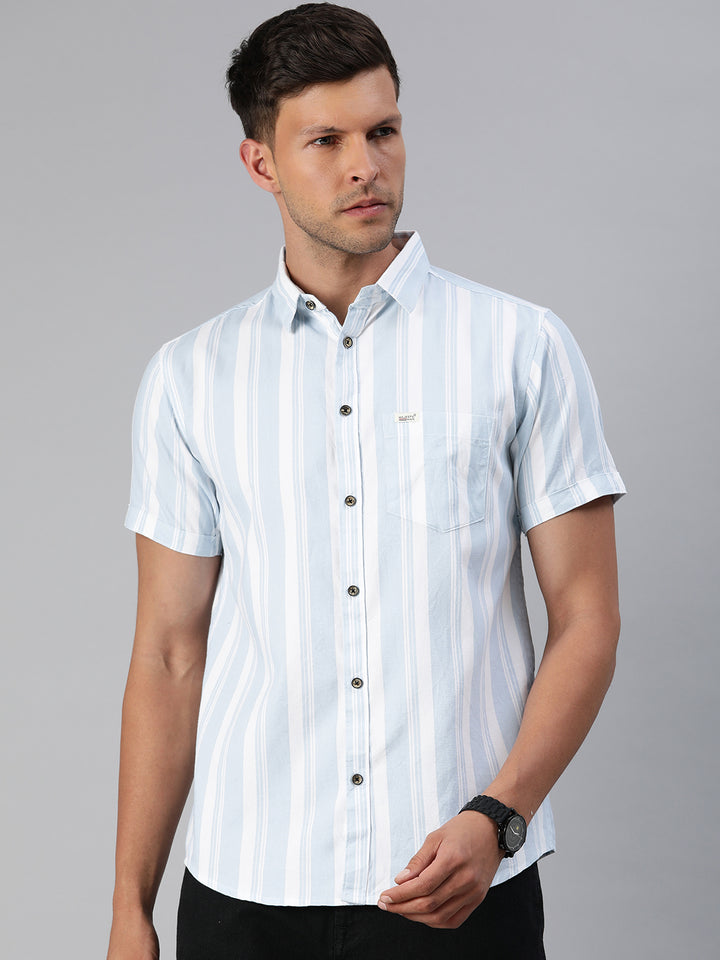 Majestic Man Pure Cotton Blocked Striped Half Sleeves Casual Shirt - Sky Blue