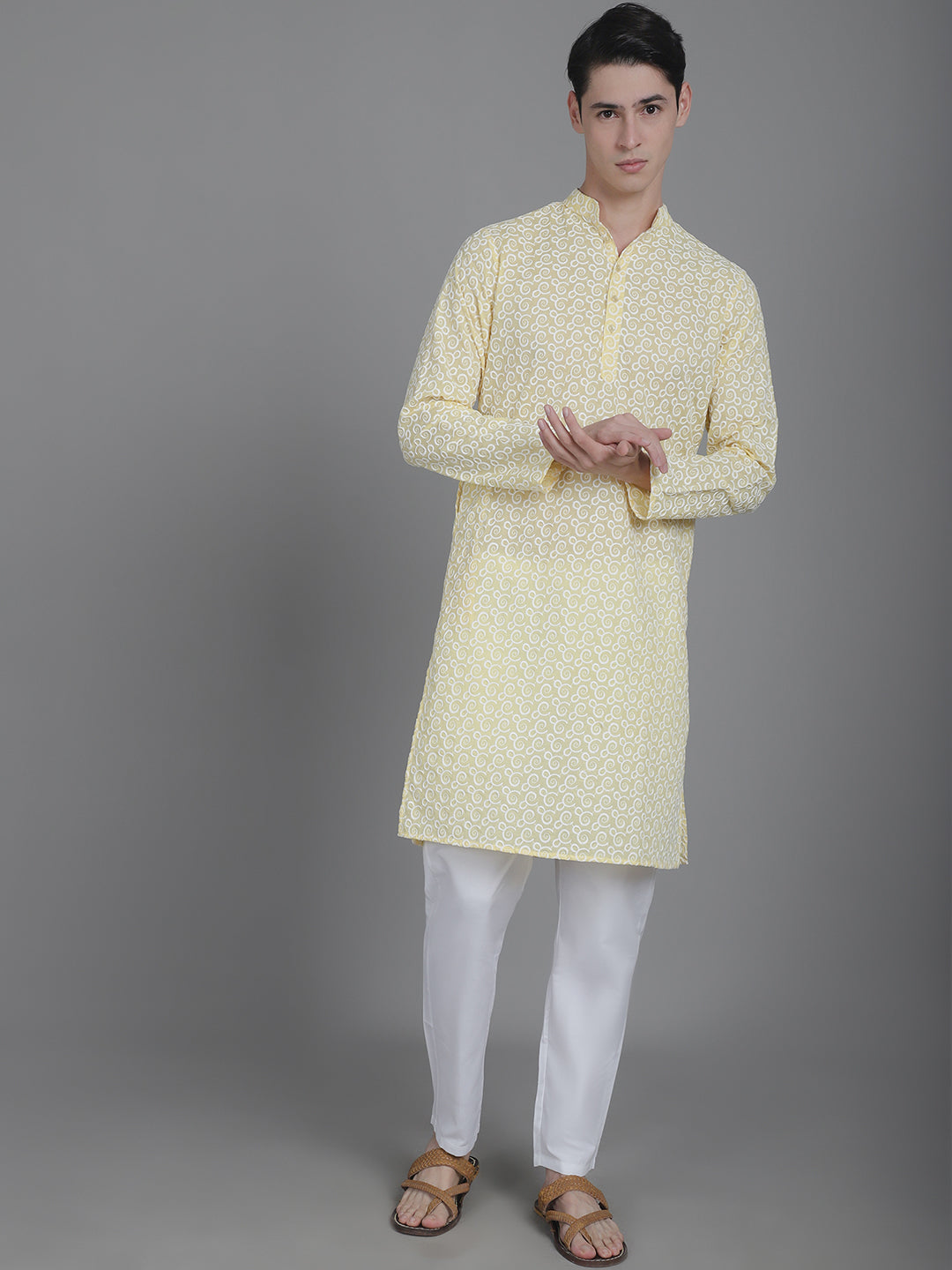 Cotton Comfort men's Kurta with Overall Embroidery - Yellow