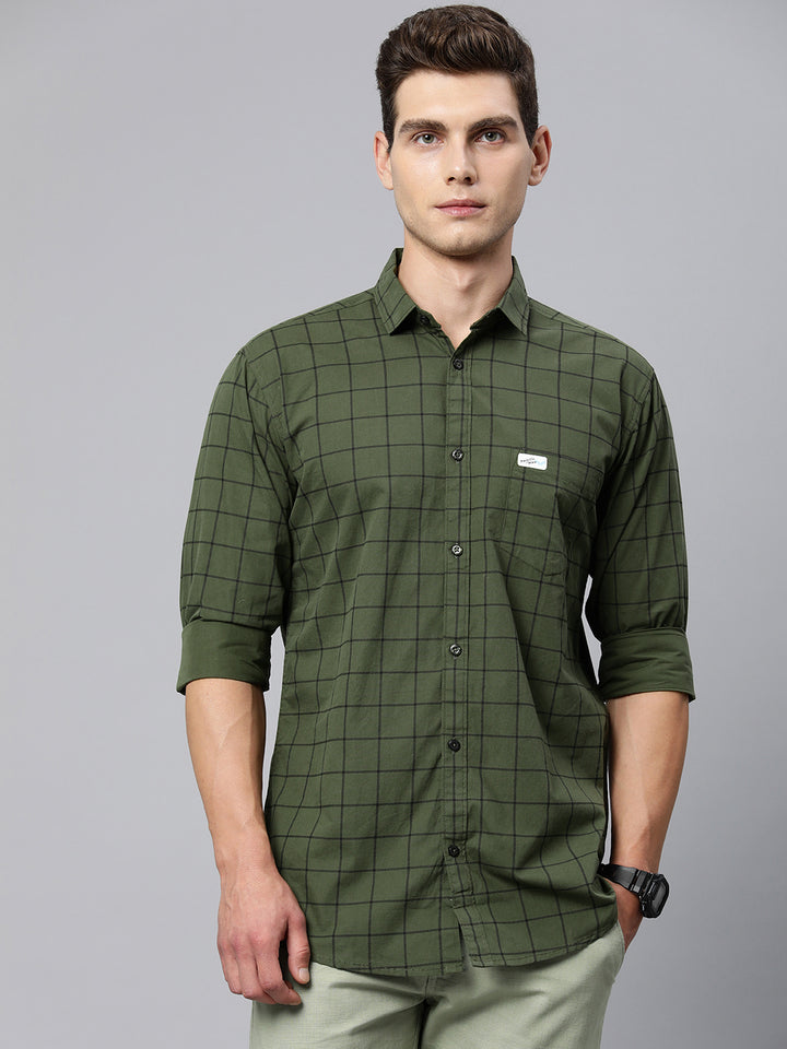 Majestic Man Checkered Slim fit Cotton Casual Shirt - Army Green