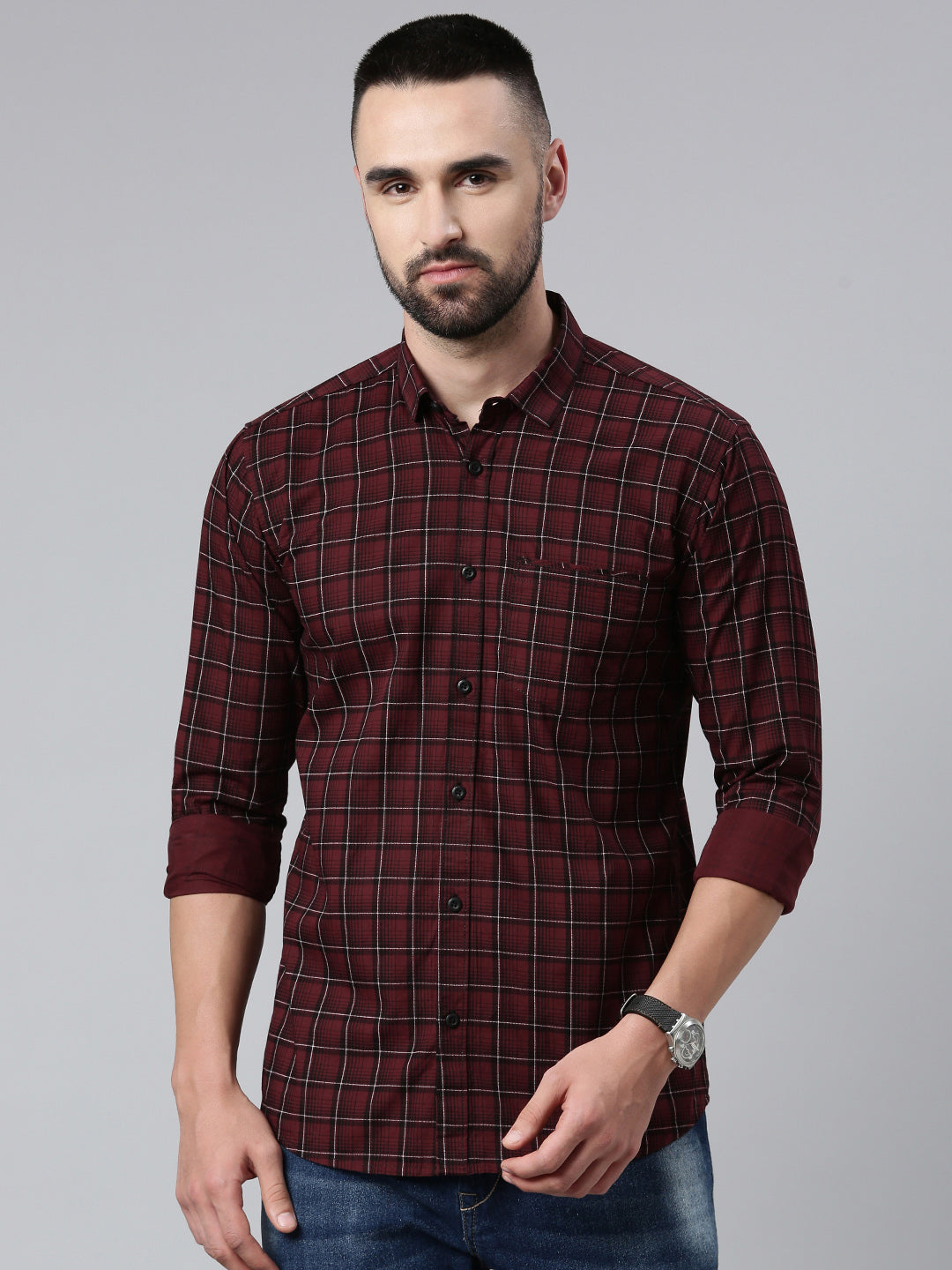 Majestic Man Checkered Cotton Slim fit Casual Shirt - Maroon