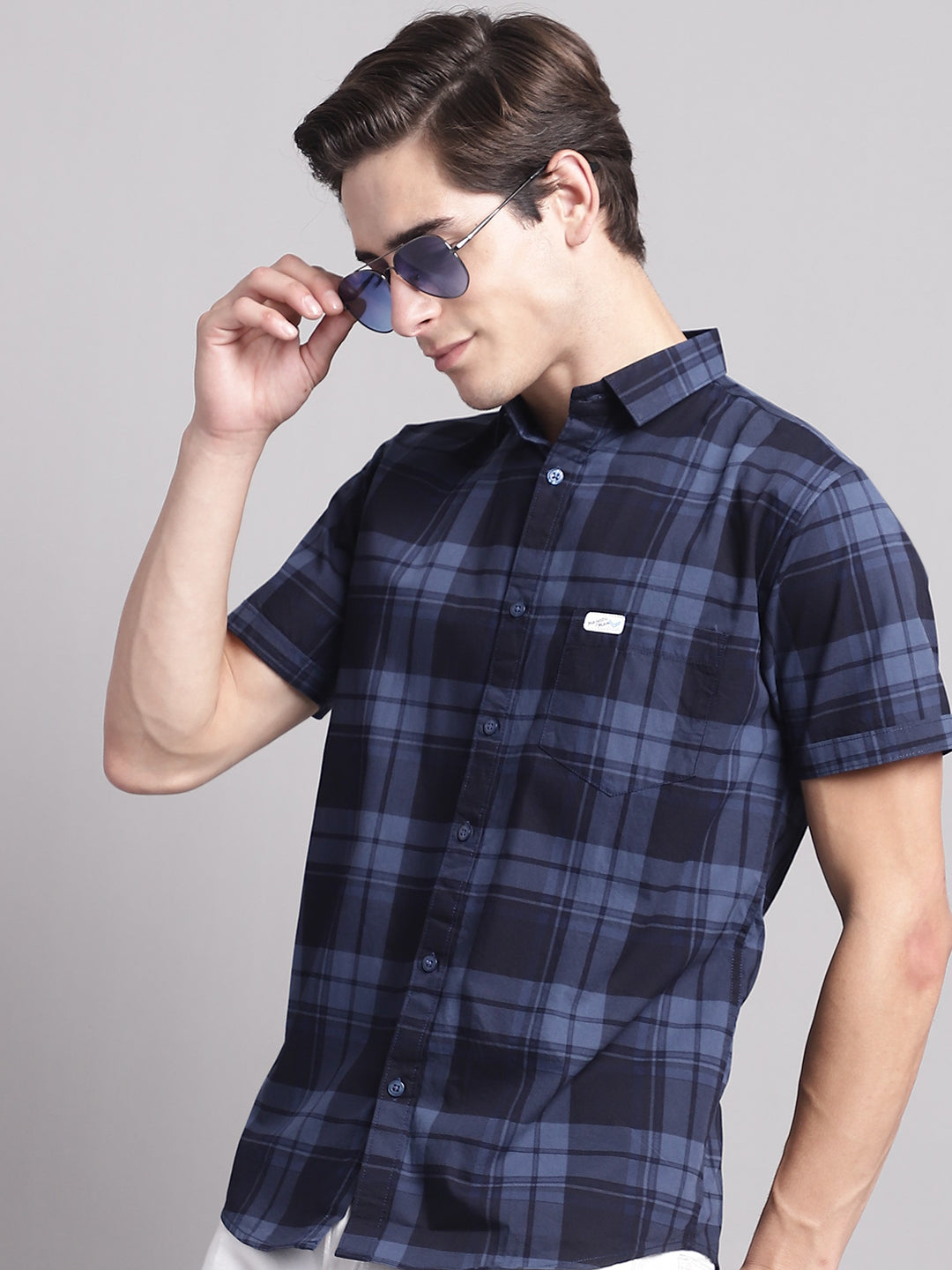 Majestic Man Cotton Casual Checkered Half Sleeve Shirt - Blue