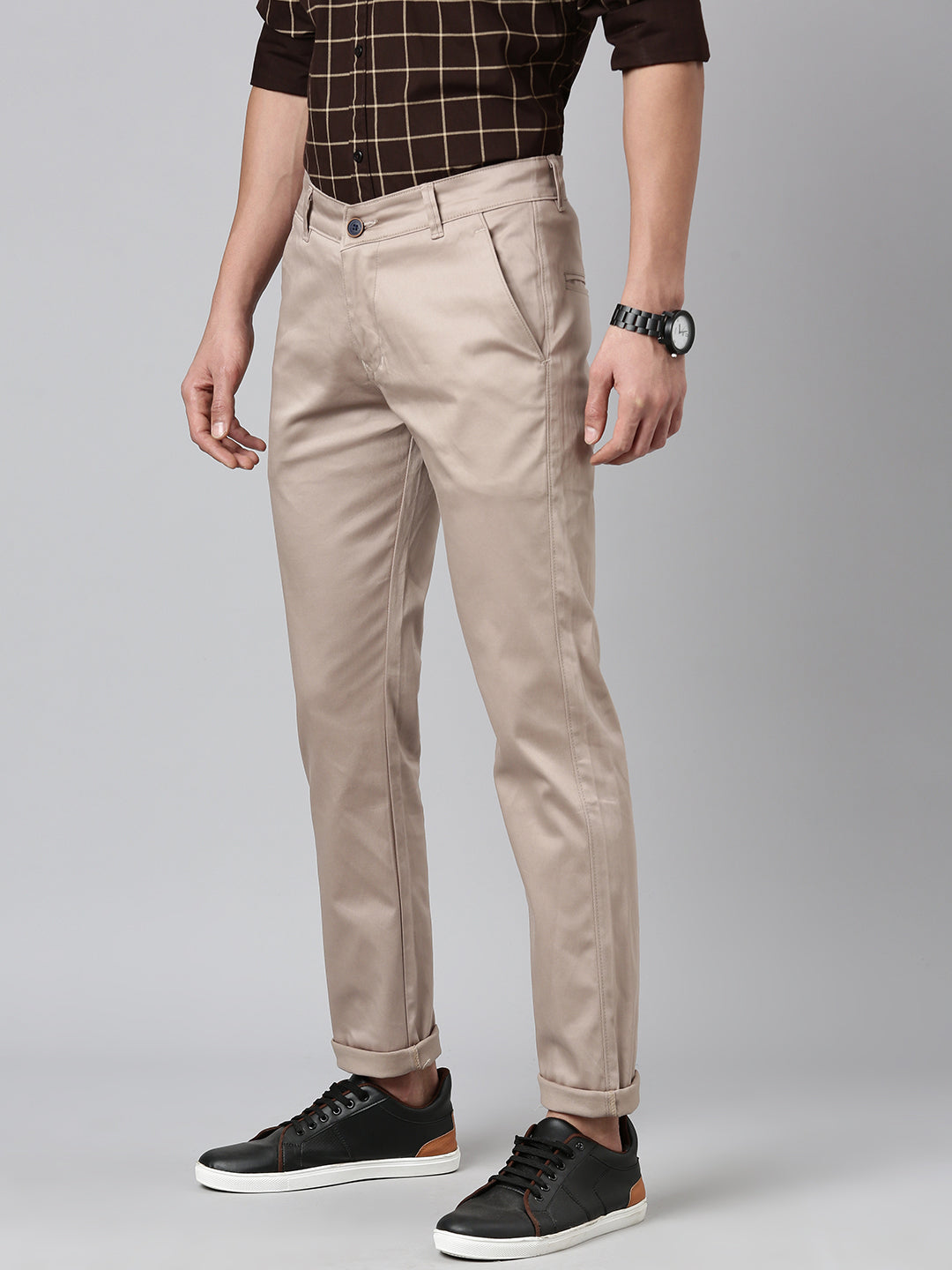 Majestic Man Regular Fit Satin Finish Cotton Casual Solid Chinos Trouser - Dark Cream