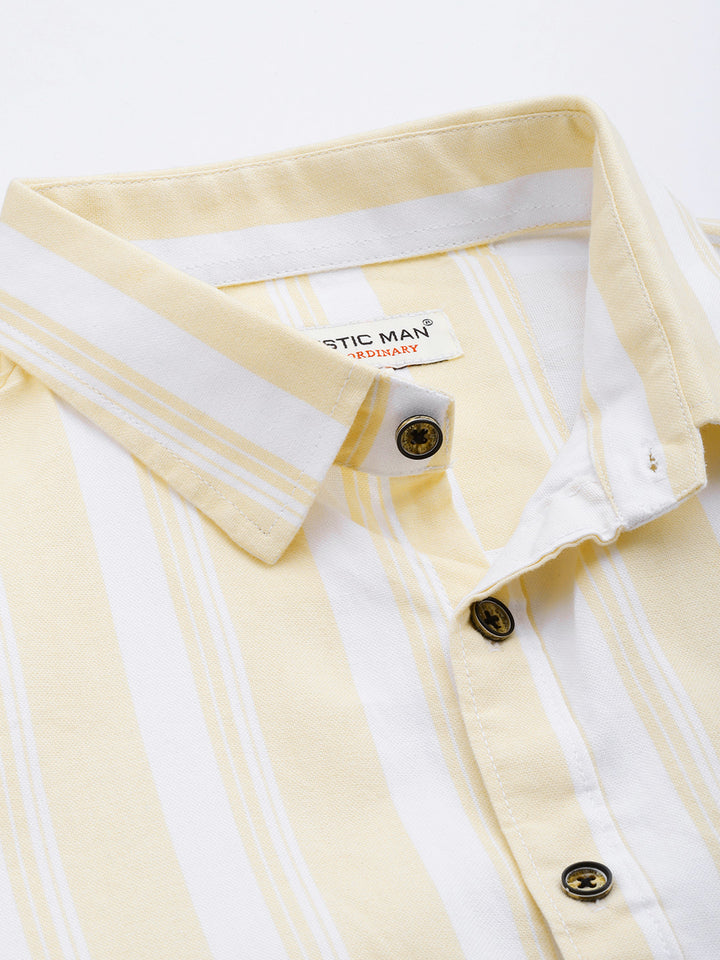 Majestic Man Pure Cotton Blocked Striped Half Sleeves Casual Shirt - Lemon