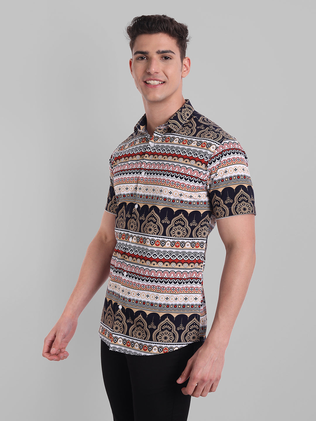 Printed Half Sleeves Gracefull Pure Cotton Shirt - Beige