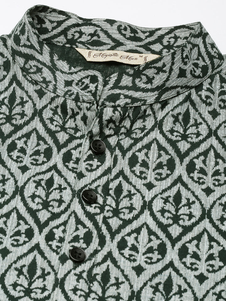 Men's Ethnic Artisanal Impressions Printed Cotton Kurta - Dark Green