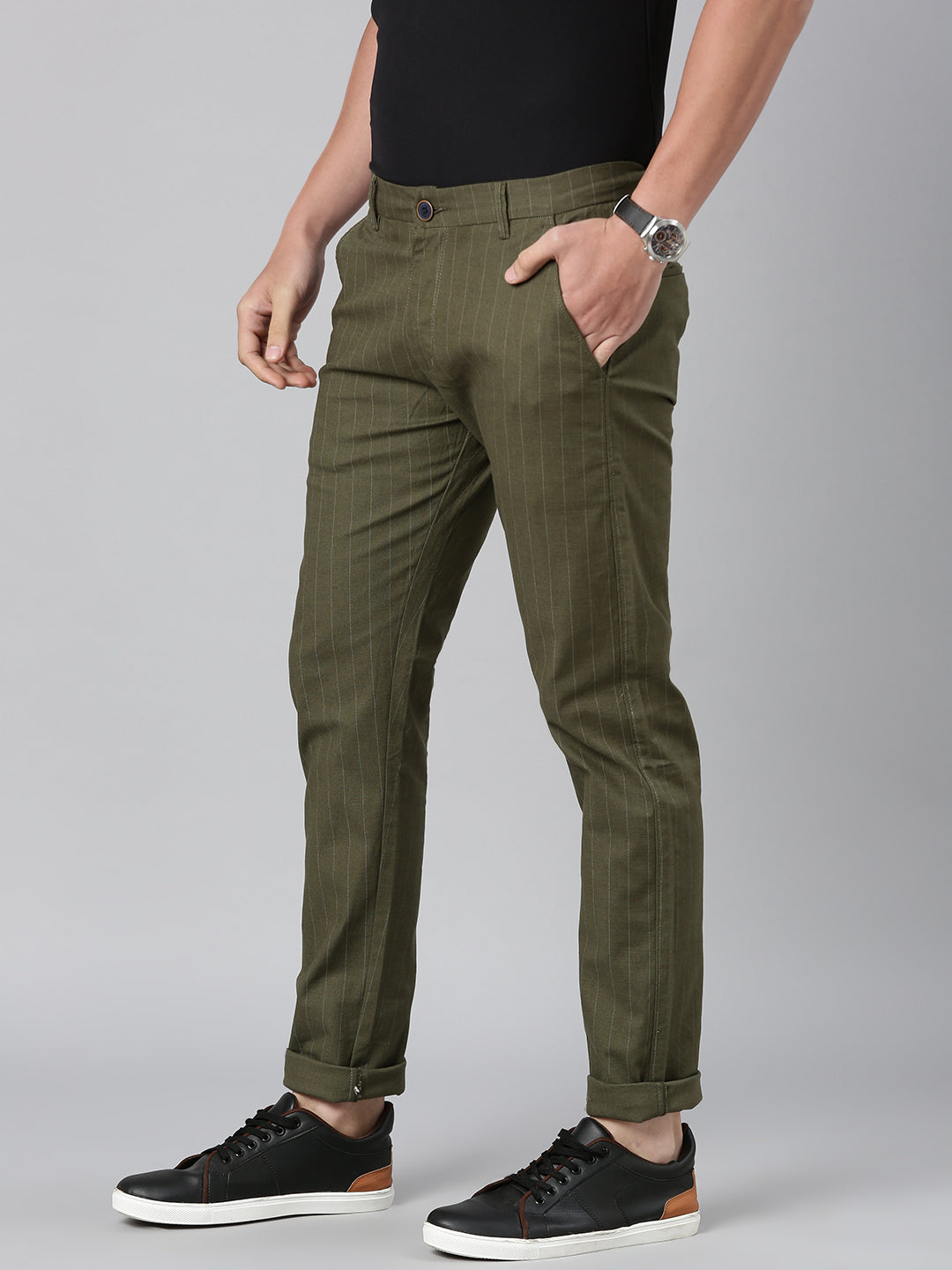 Majestic Man stripe Casual Solid Trouser - Olive