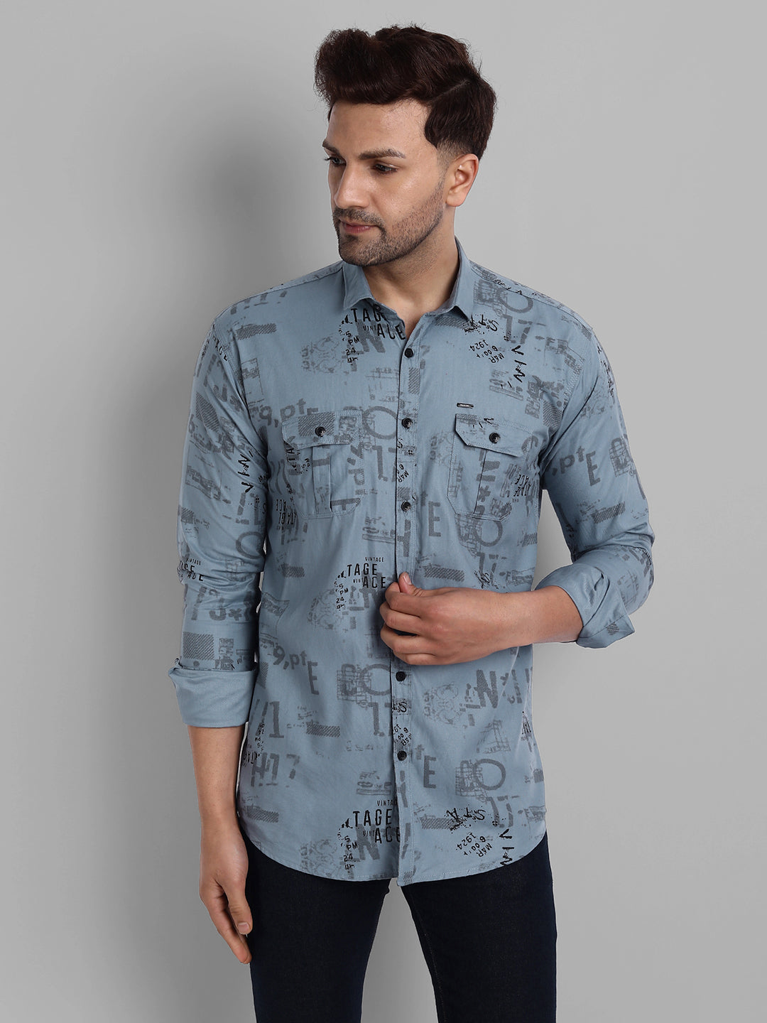 Printed Pure Cotton Cargo Shirt - Greyish Blue