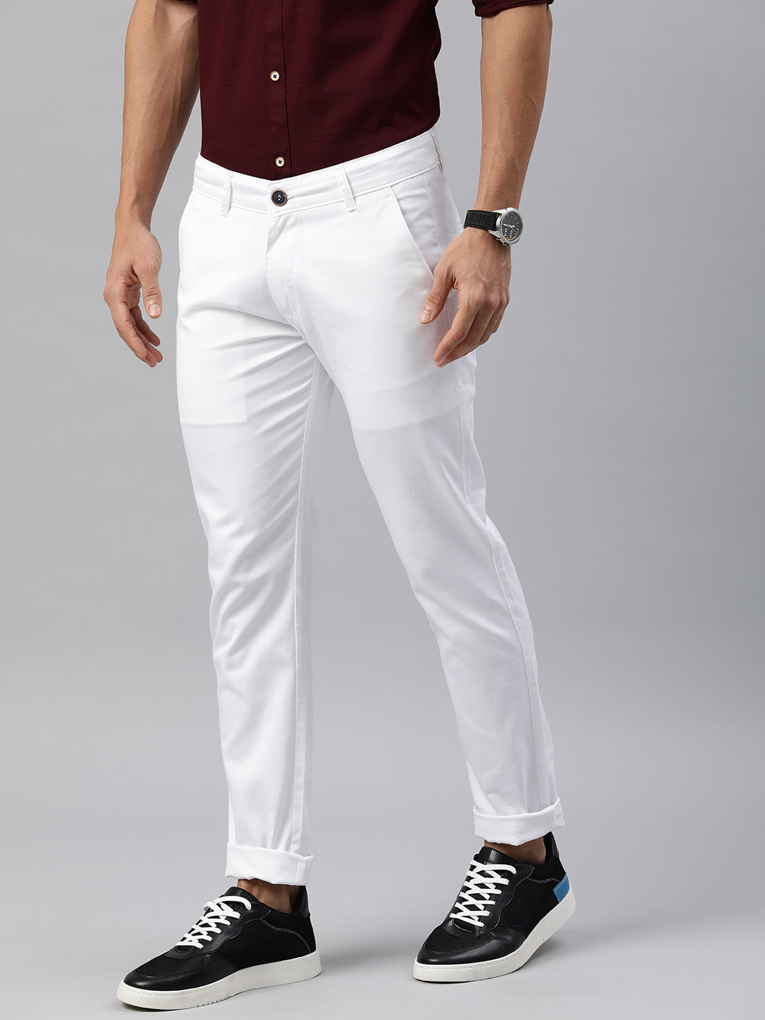 Majestic Man Regular Fit Satin Finish Cotton Casual Solid Chinos Trouser - White