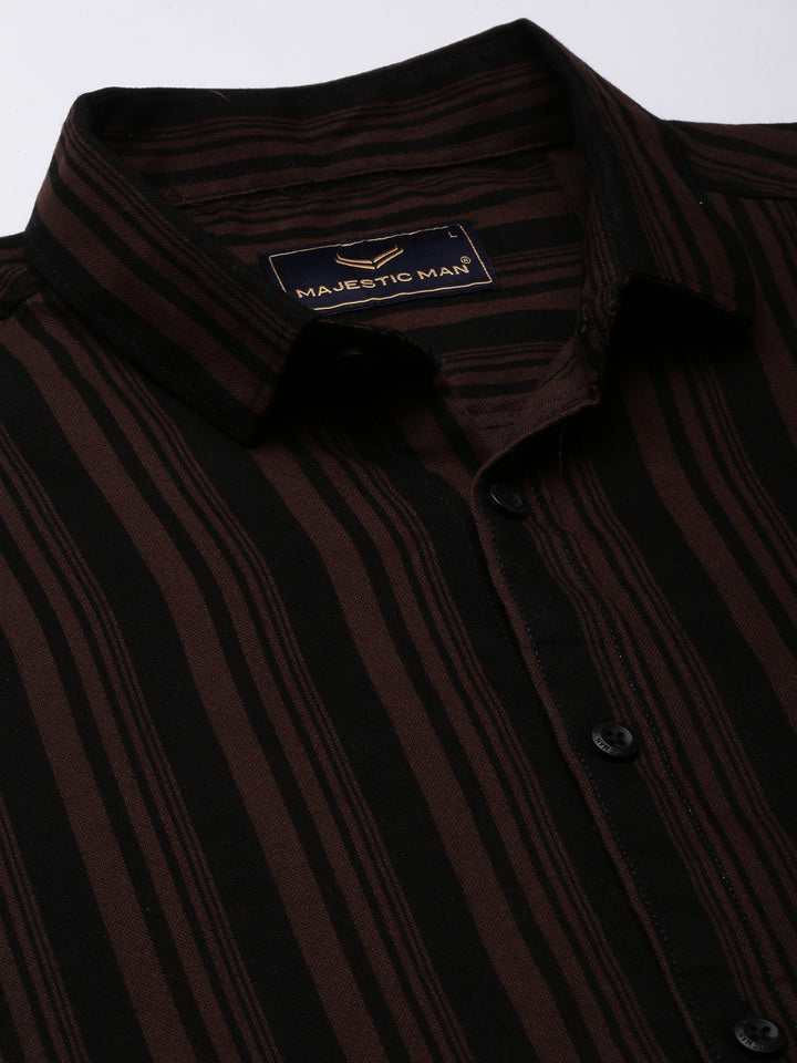 Men's Pure Cotton Slim Fit Striped Shirt - Brown