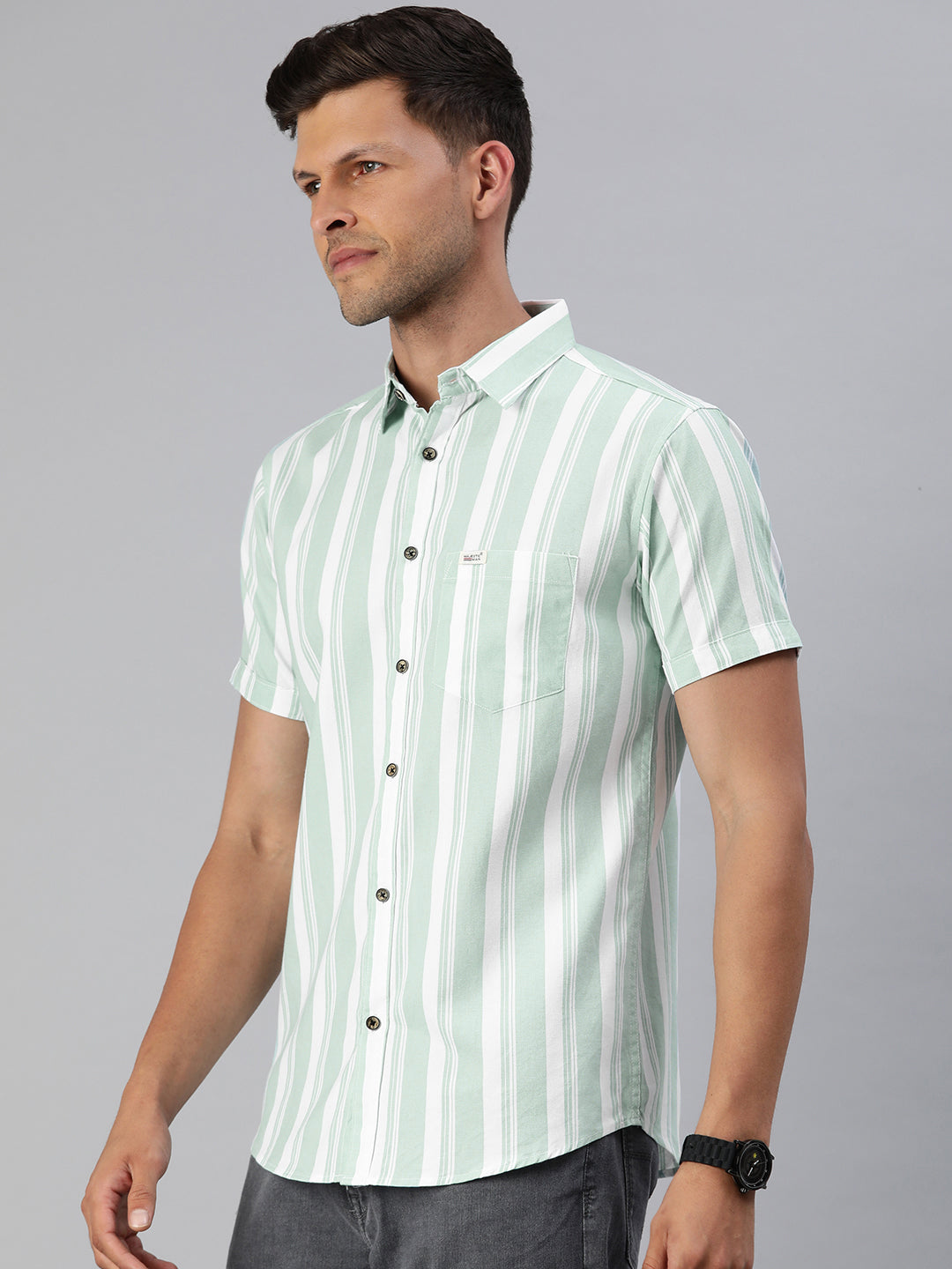 Majestic Man Pure Cotton Blocked Striped Half Sleeves Casual Shirt - Sea Green