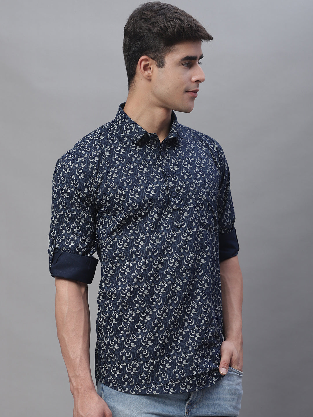 Versatile printed YinYang pure cotton short kurta - Navy Blue