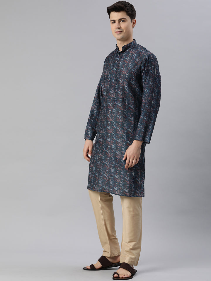 Threaded Elegance Printed Long Kurta-Dark Blue