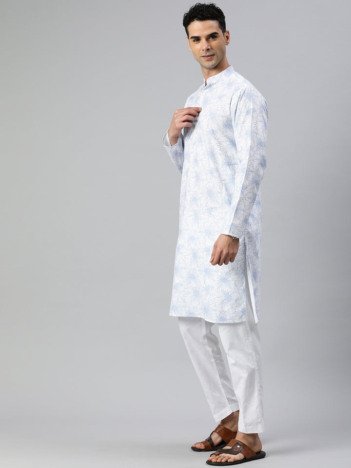 Moon flower printed pure cotton men's long kurta - White