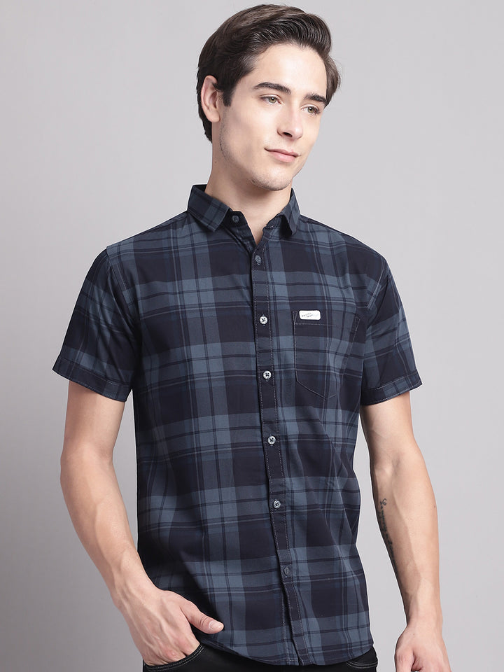 Majestic Man Cotton Casual Checkered Half Sleeve Shirt - Dusty Blue